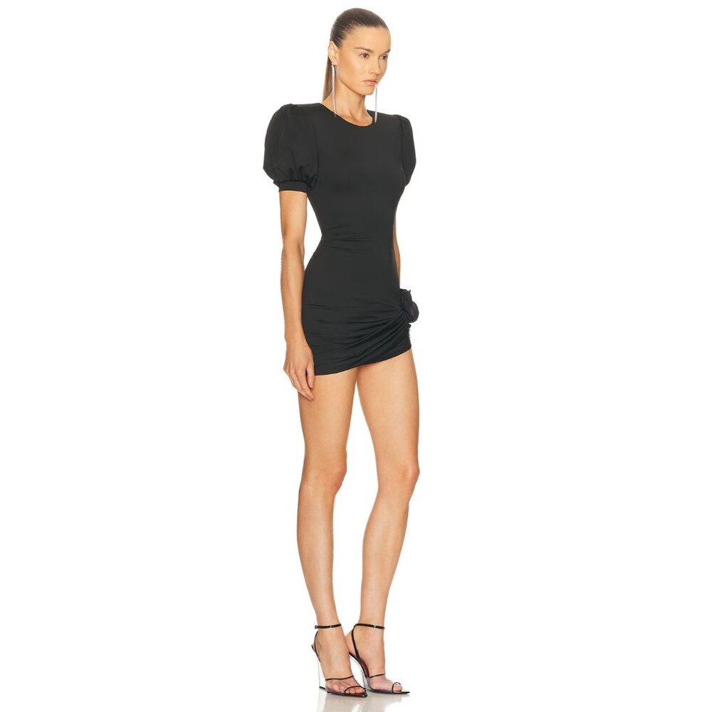 AREA Crystal Crystal Flower Draped Short Sleeve Mini Dress in Black - Picture 2 of 5